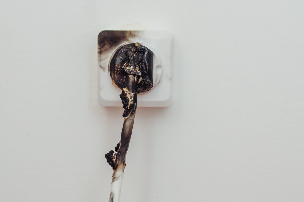 Electrical short circuit. Failure caused by burning wire and rosettes socket plug in house.