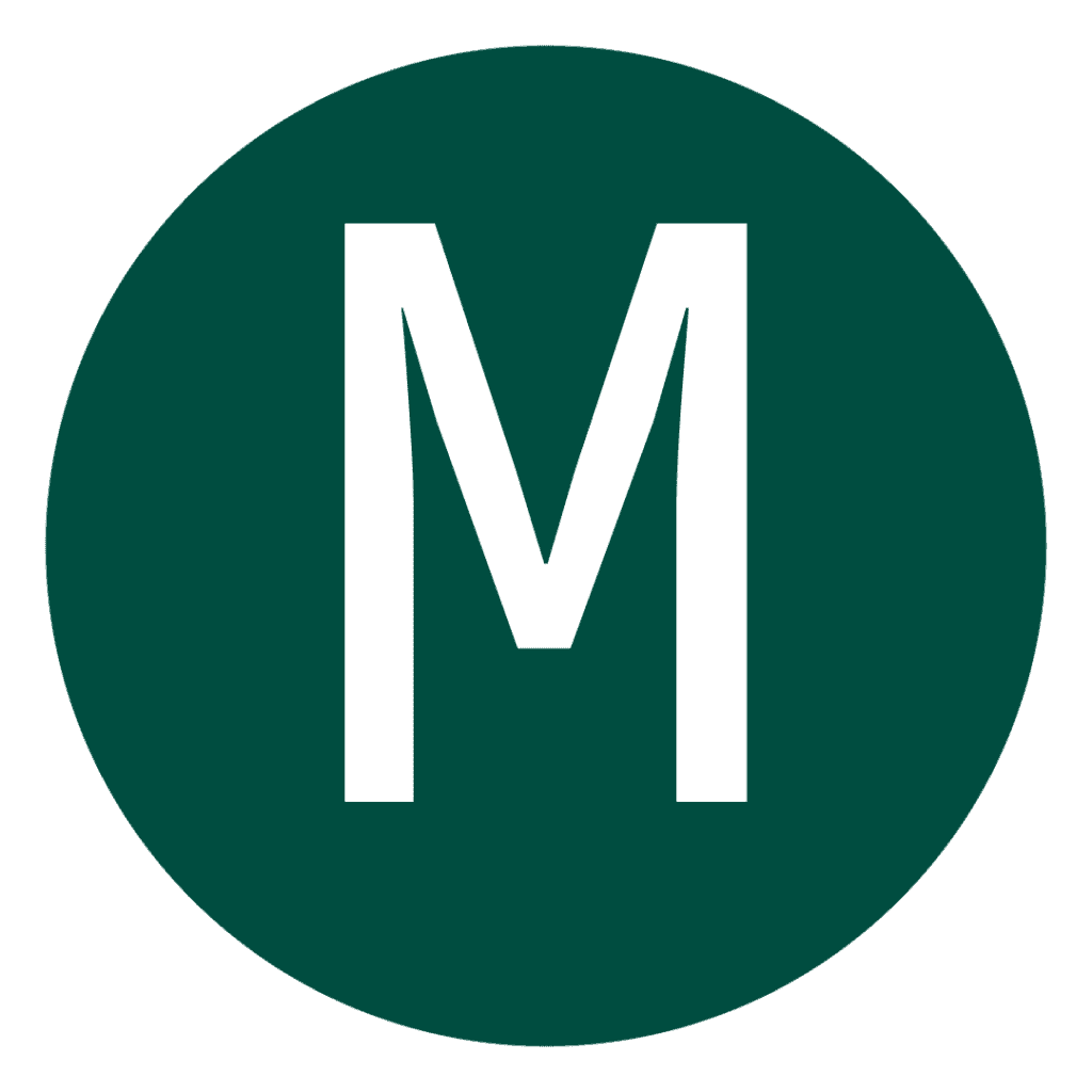 A green circle with the letter m in it.